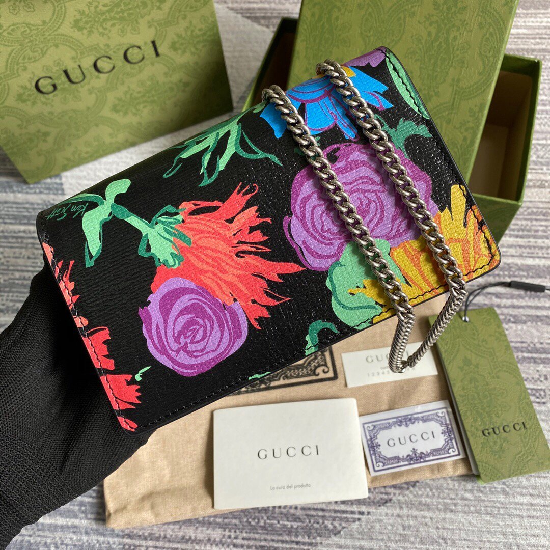 Gucci 476432 Ken Scott Print Dionysus Super Mini Bag Black Leather