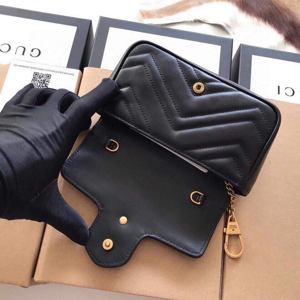 Gucci 476433 GG Marmont Matelass¨¦ Leather Super Mini Bag Black - luxibagsmall