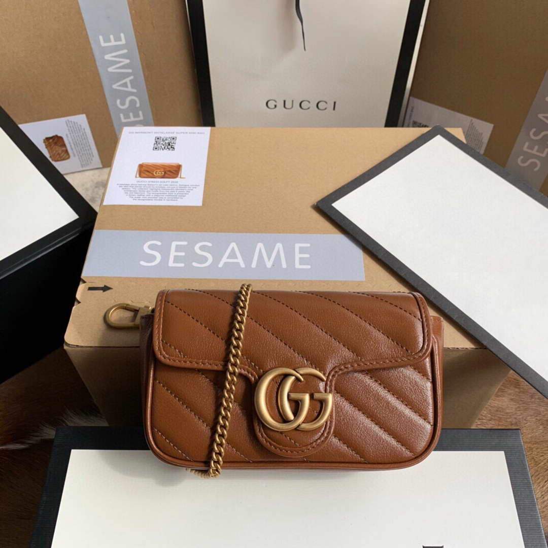 Gucci 476433 GG Marmont Matelass¨¦ Leather Super Mini Bag Brown - luxibagsmall