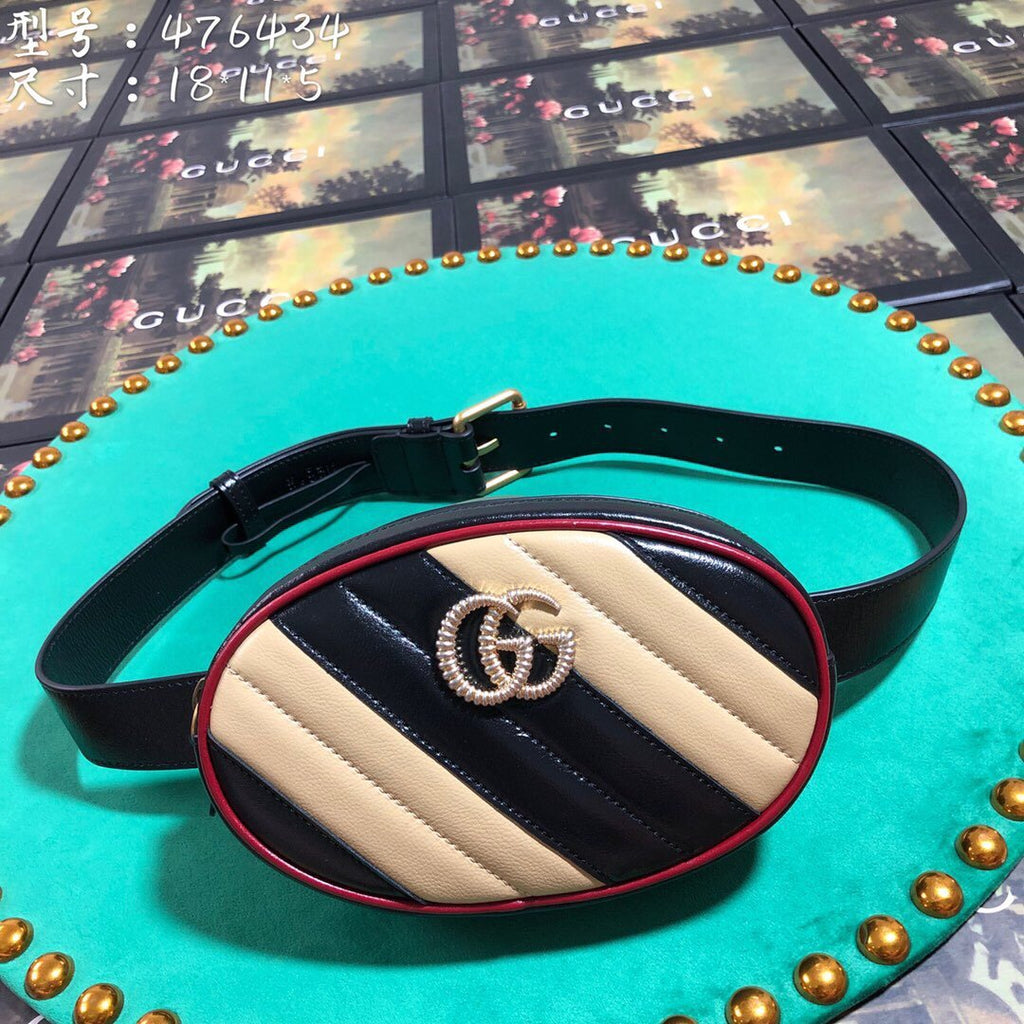 Gucci 476434 GG Marmont Matelass¨¦ Leather Belt Bag Black Beige