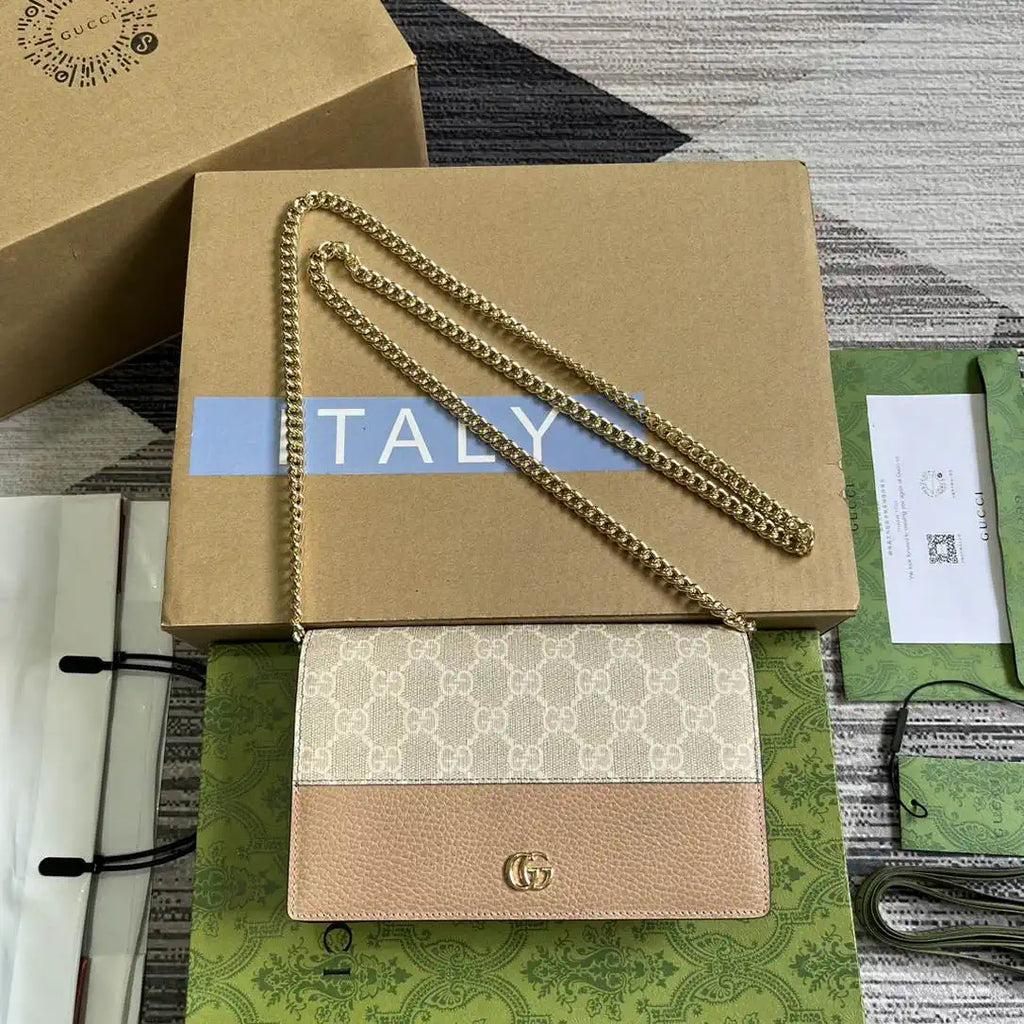 Gucci 497985 GG GG Marmont wallet on chain beige and Apricot leather
