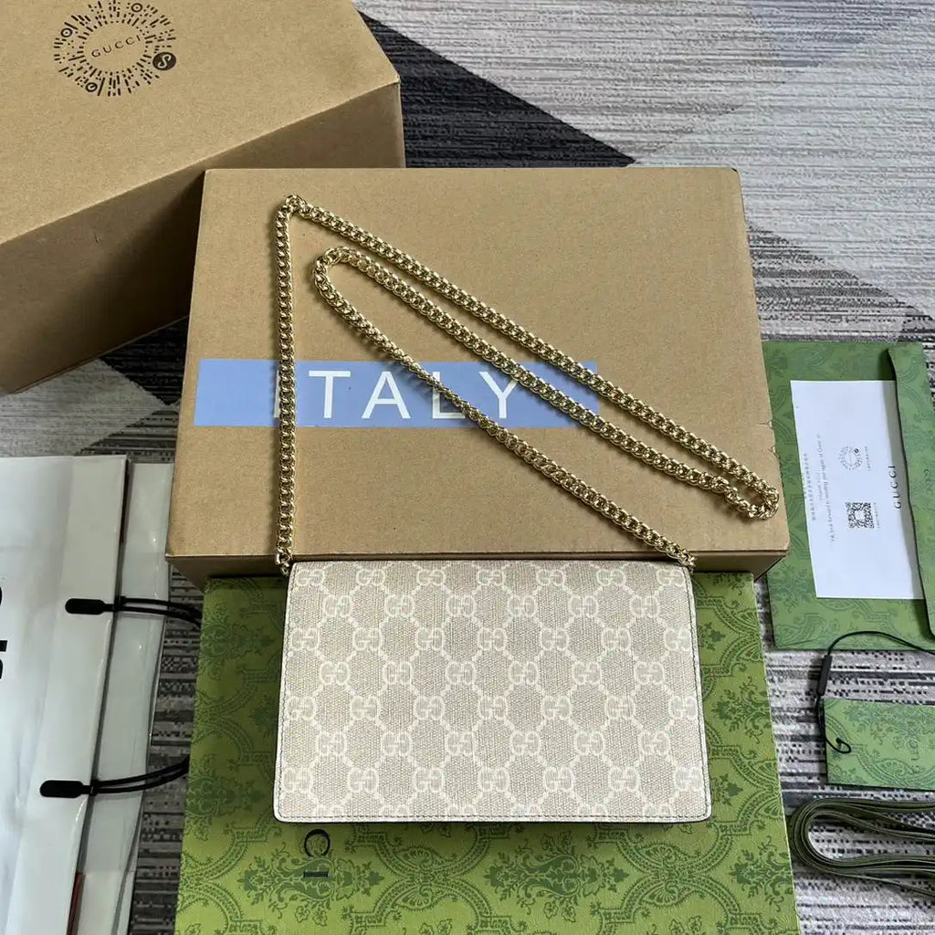 Gucci 497985 GG GG Marmont wallet on chain beige and Apricot leather