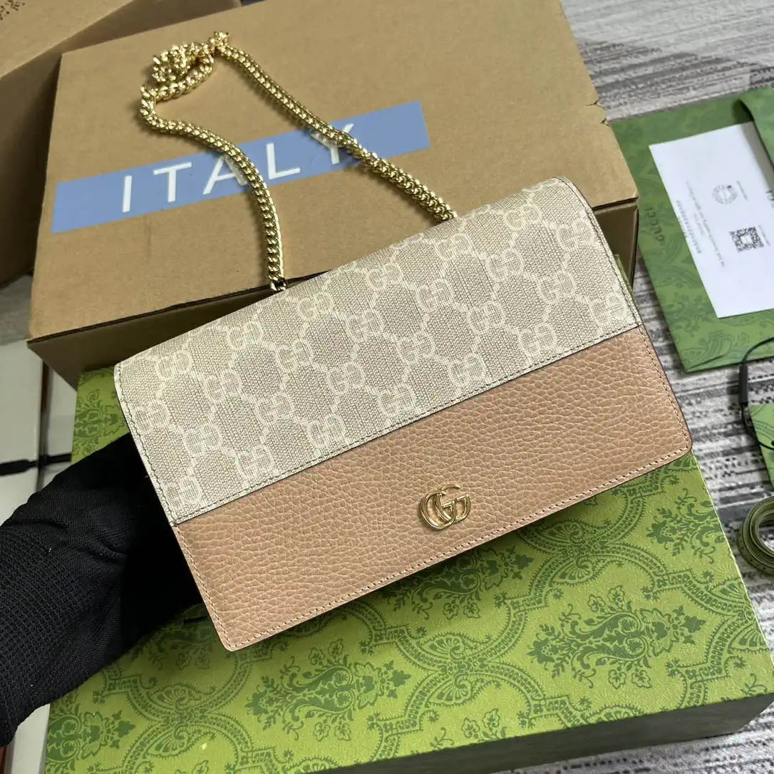 Gucci 497985 GG GG Marmont wallet on chain beige and Apricot leather