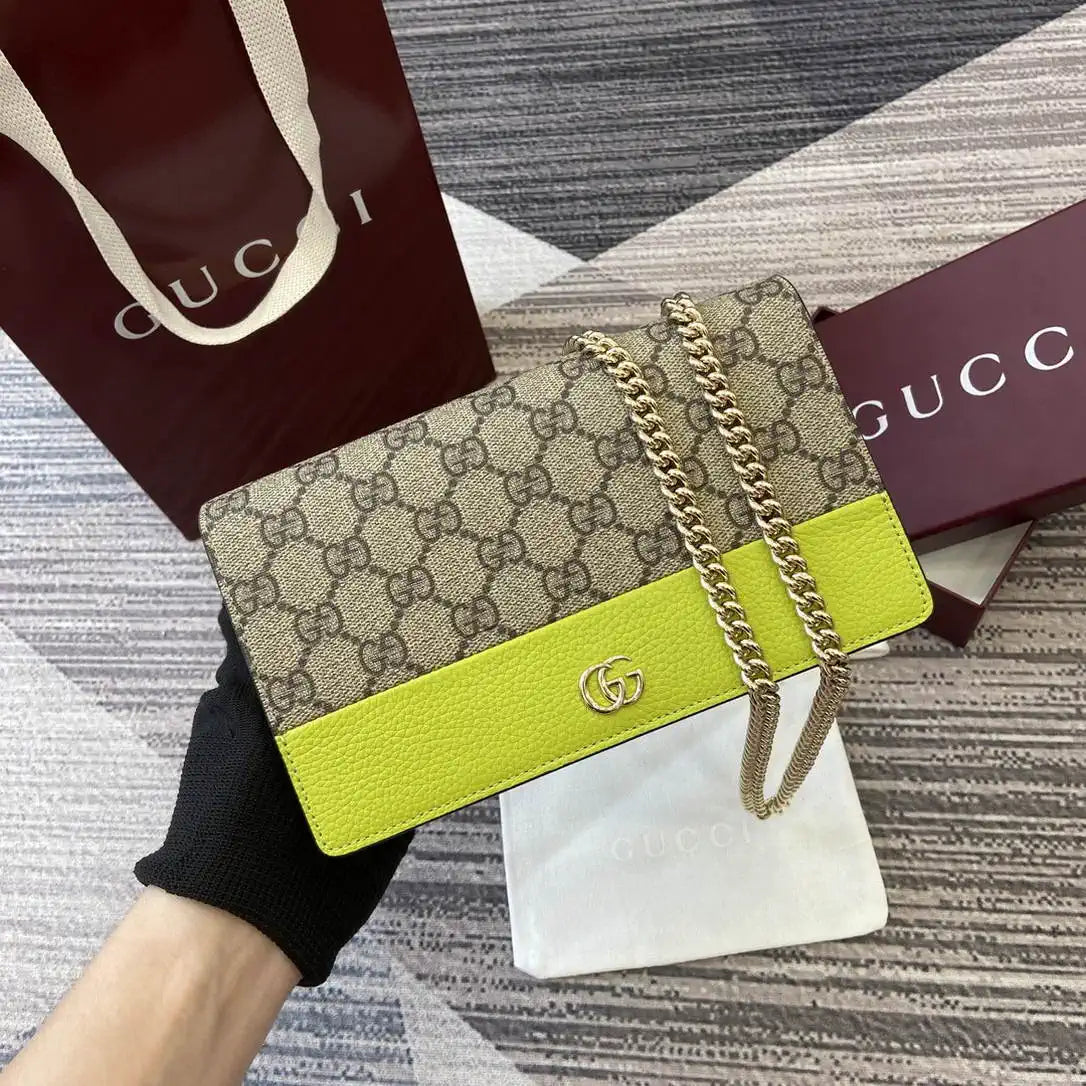 Gucci 497985 GG GG Marmont wallet on chain beige and bright green leather