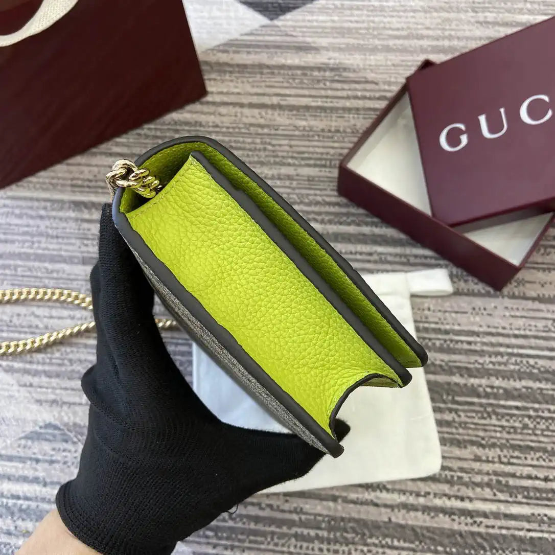 Gucci 497985 GG GG Marmont wallet on chain beige and bright green leather