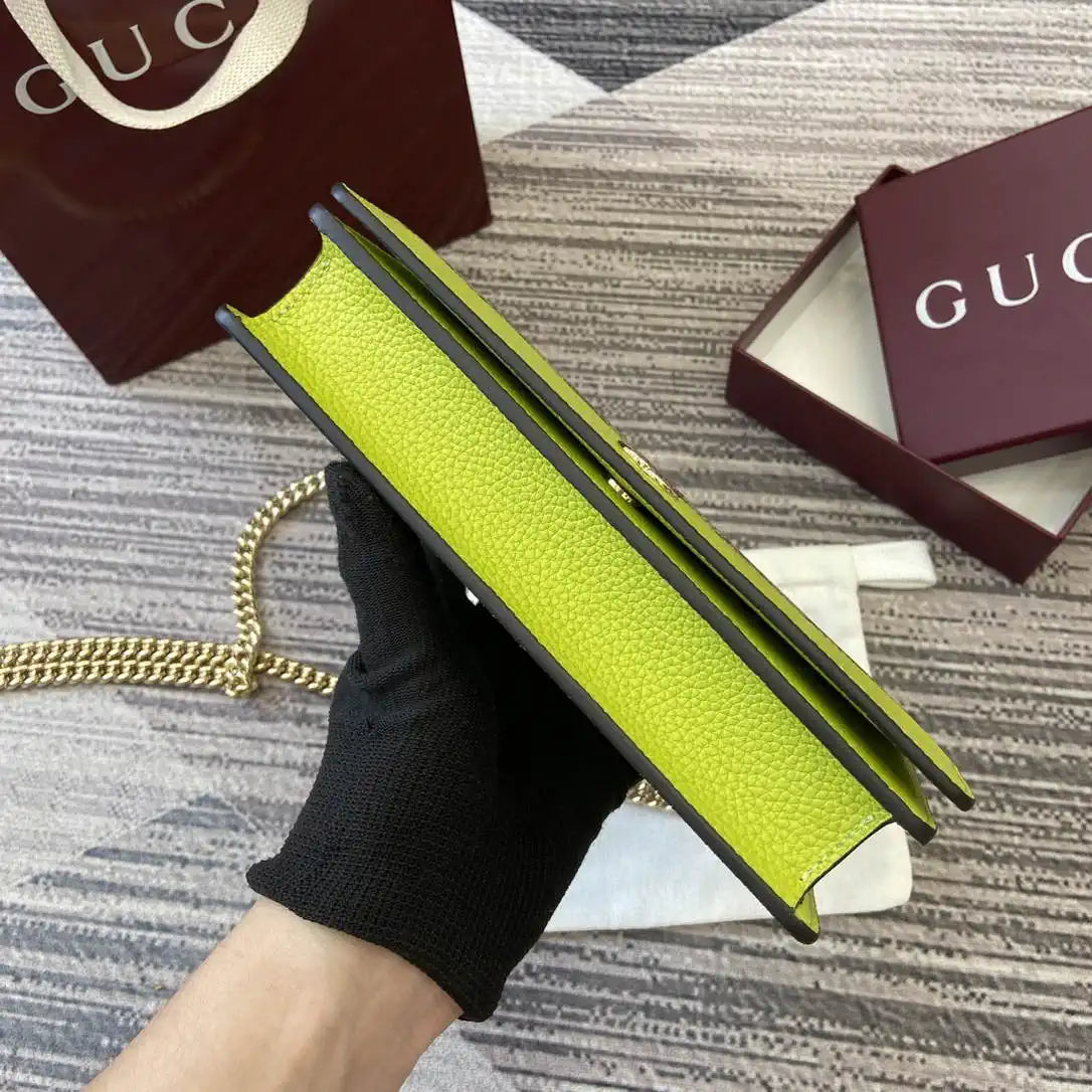 Gucci 497985 GG GG Marmont wallet on chain beige and bright green leather