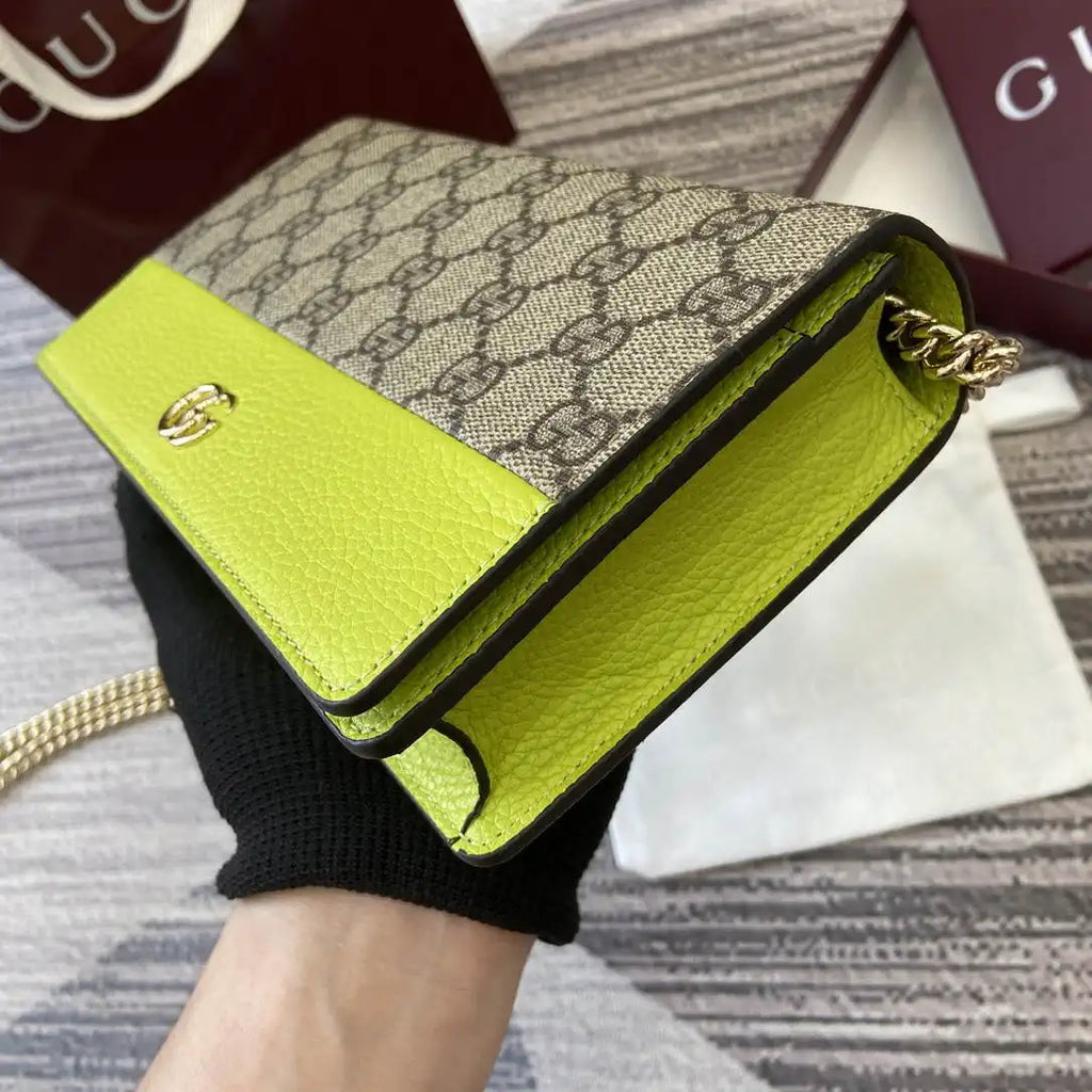 Gucci 497985 GG GG Marmont wallet on chain beige and bright green leather