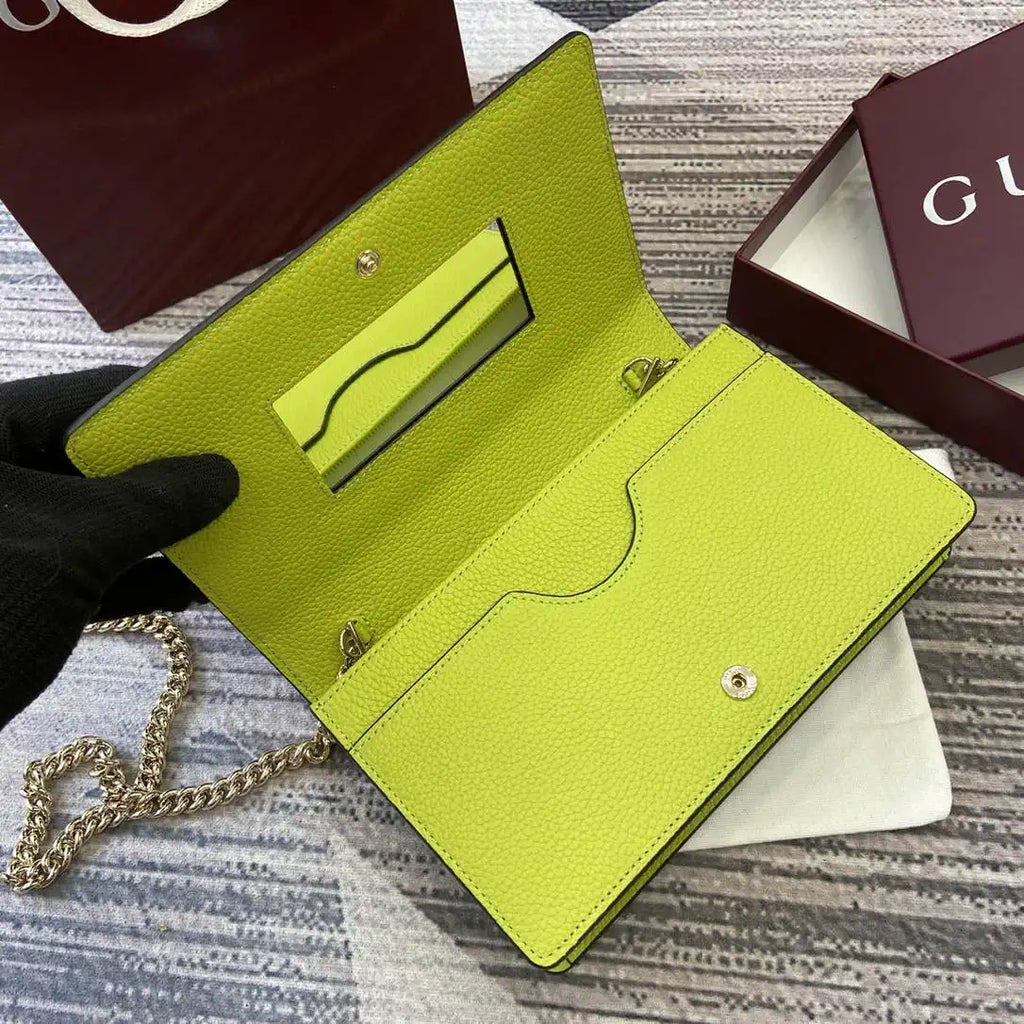 Gucci 497985 GG GG Marmont wallet on chain beige and bright green leather