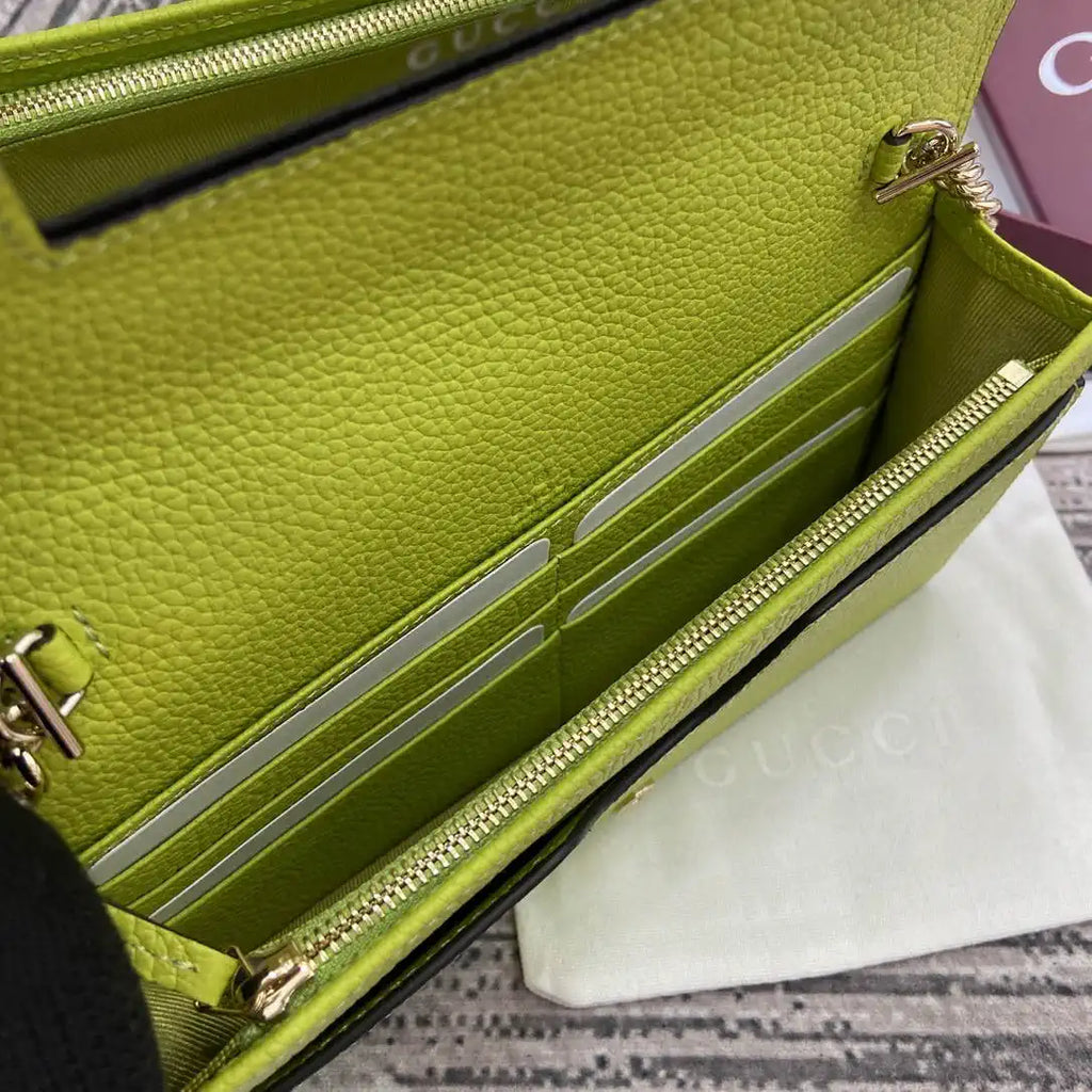Gucci 497985 GG GG Marmont wallet on chain beige and bright green leather