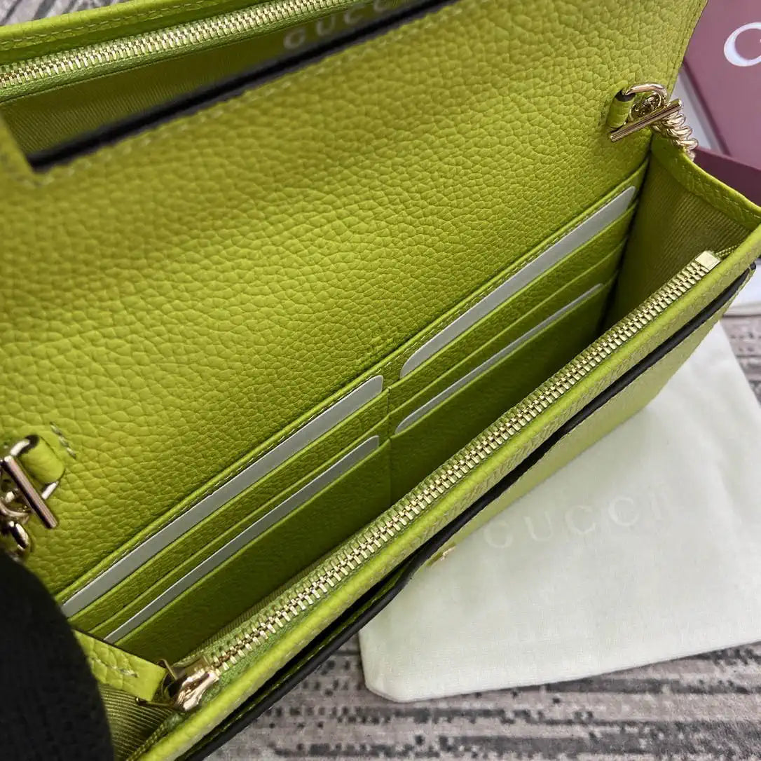 Gucci 497985 GG GG Marmont wallet on chain beige and bright green leather