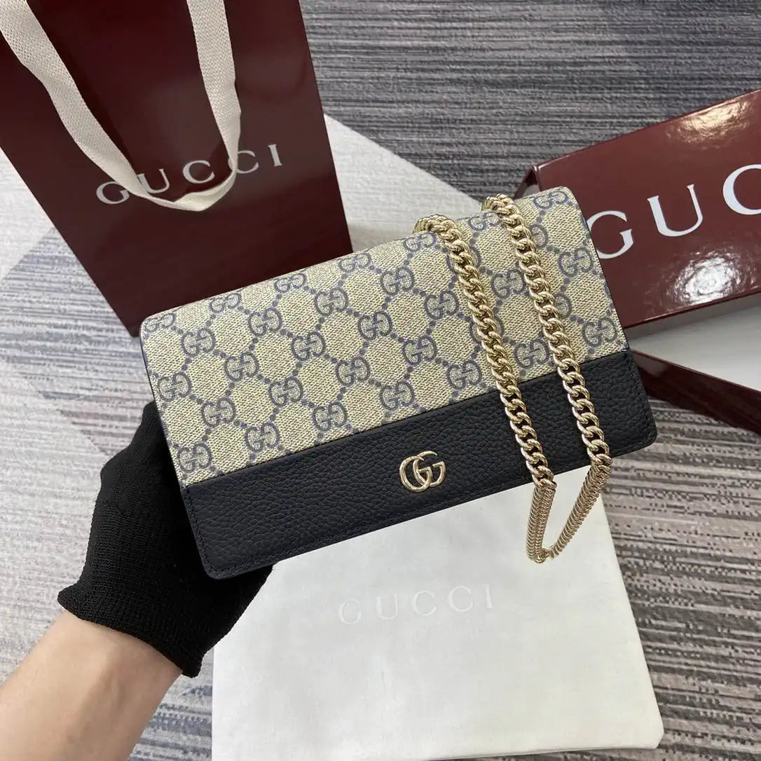 Gucci 497985 GG GG Marmont wallet on chain Beige and Navy blue leather