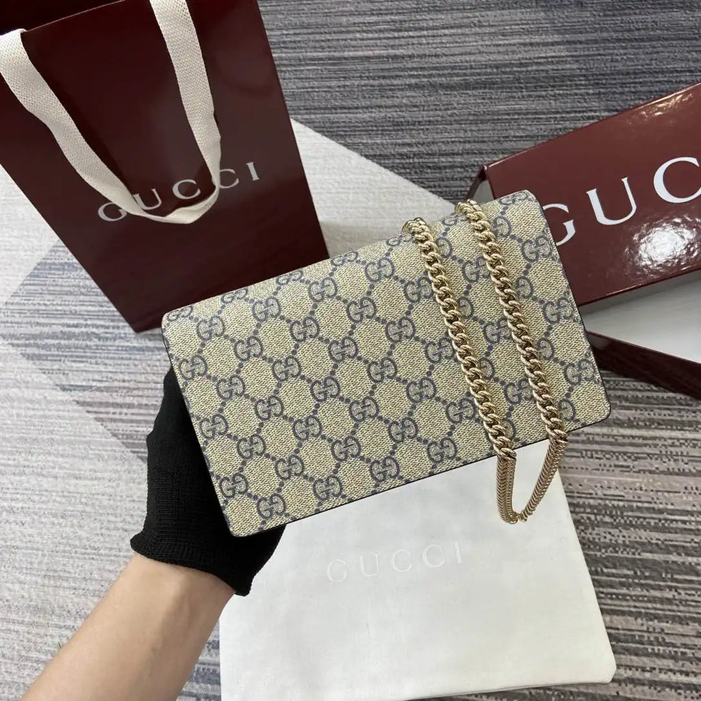 Gucci 497985 GG GG Marmont wallet on chain Beige and Navy blue leather