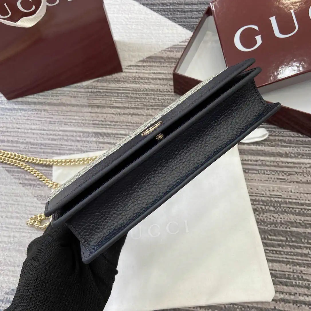 Gucci 497985 GG GG Marmont wallet on chain Beige and Navy blue leather
