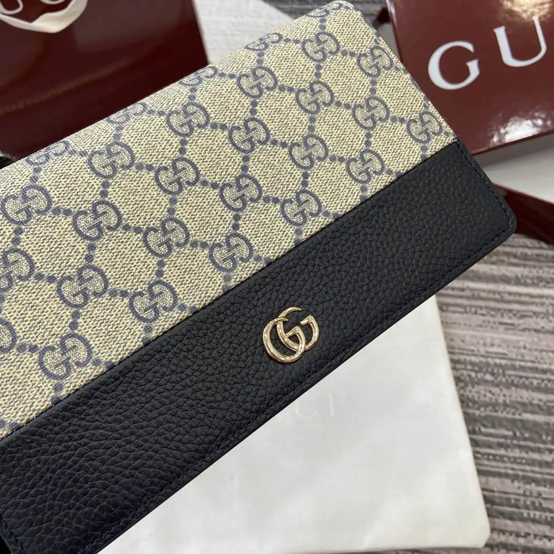 Gucci 497985 GG GG Marmont wallet on chain Beige and Navy blue leather