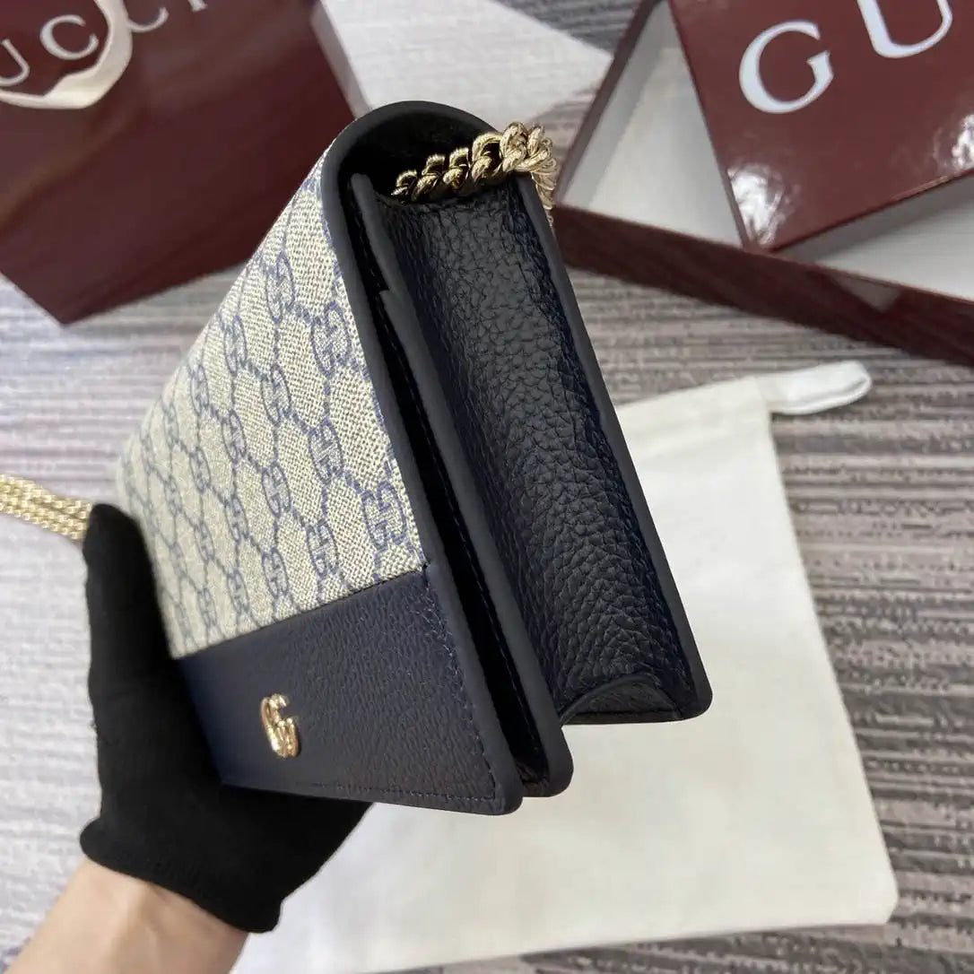 Gucci 497985 GG GG Marmont wallet on chain Beige and Navy blue leather