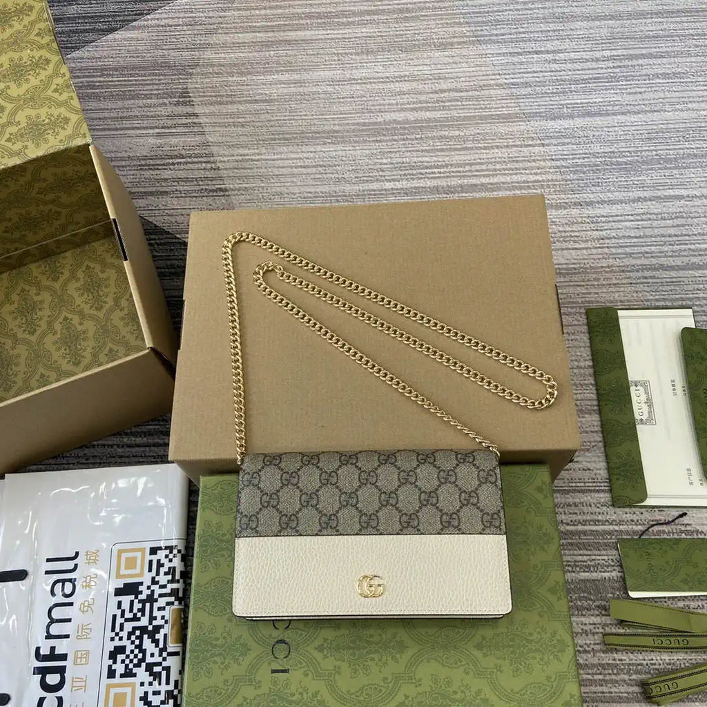 Gucci 497985 GG GG Marmont wallet on chain beige and White leather