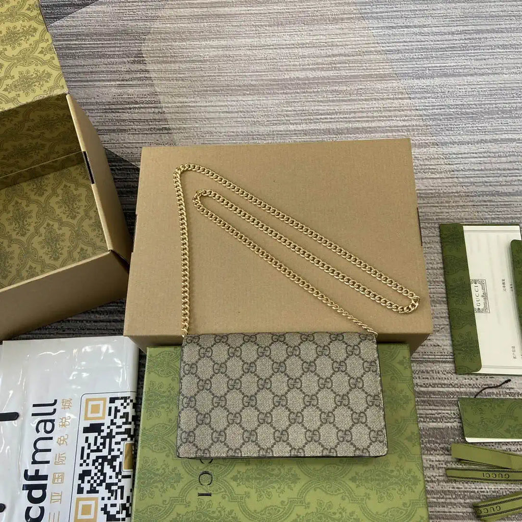 Gucci 497985 GG GG Marmont wallet on chain beige and White leather