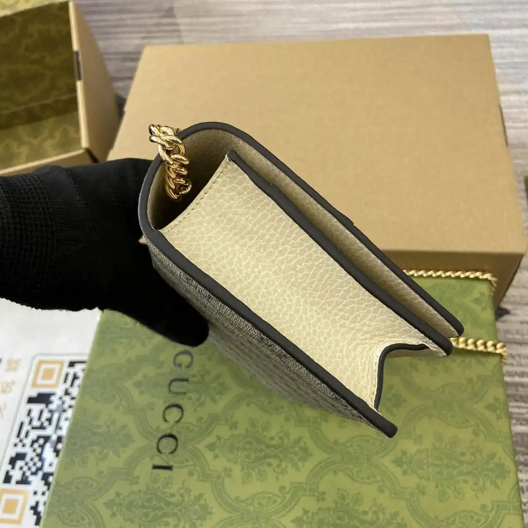 Gucci 497985 GG GG Marmont wallet on chain beige and White leather