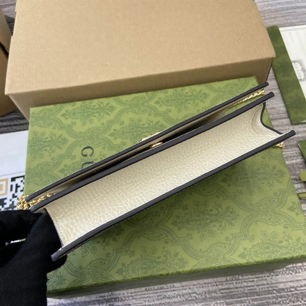 Gucci 497985 GG GG Marmont wallet on chain beige and White leather
