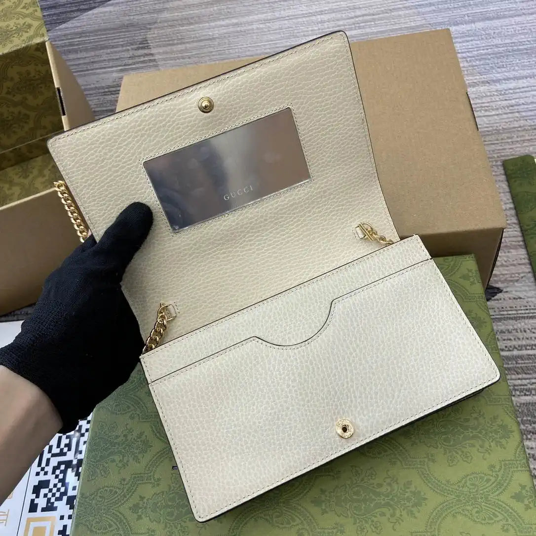 Gucci 497985 GG GG Marmont wallet on chain beige and White leather