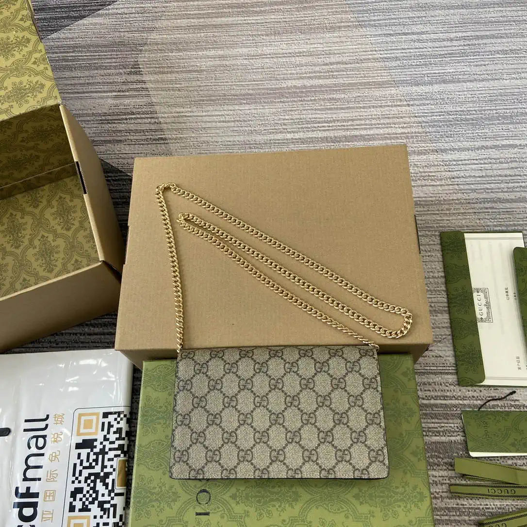 Gucci 497985 GG GG Marmont wallet on chain beige and Black leather