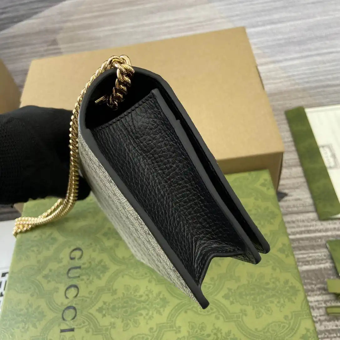 Gucci 497985 GG GG Marmont wallet on chain beige and Black leather