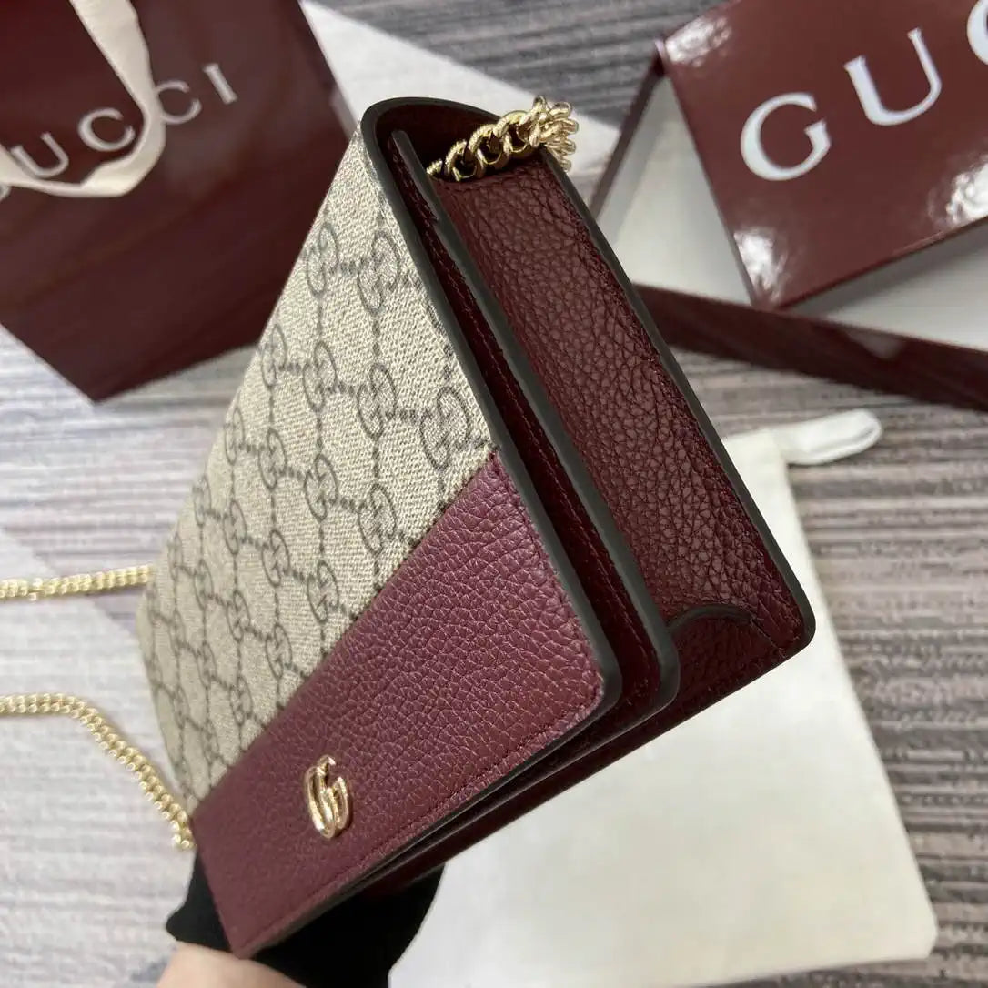 Gucci 497985 GG GG Marmont wallet on chain beige and Wine Red leather