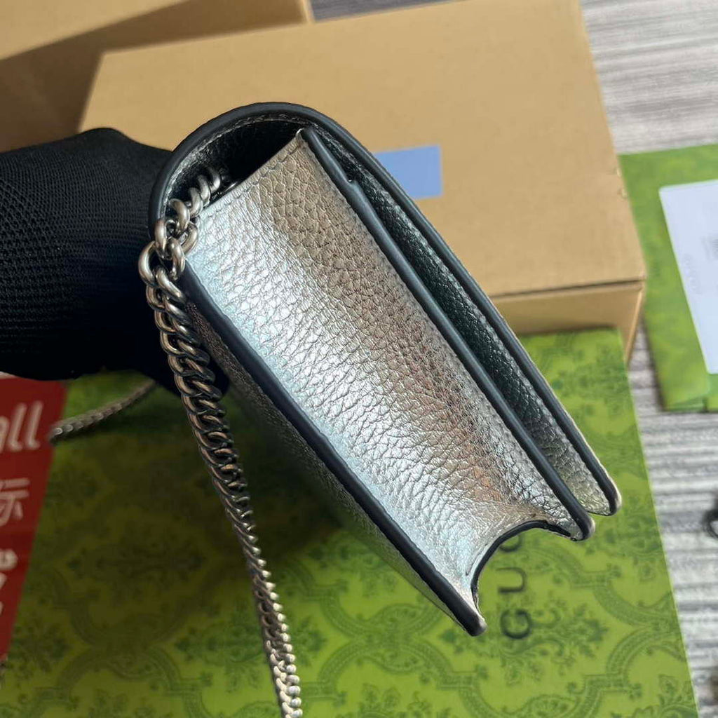Gucci 497985 GG Marmont Leather Mini Chain Bag Silver