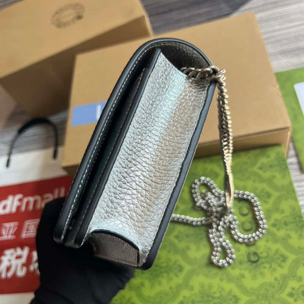Gucci 497985 GG Marmont Leather Mini Chain Bag Silver