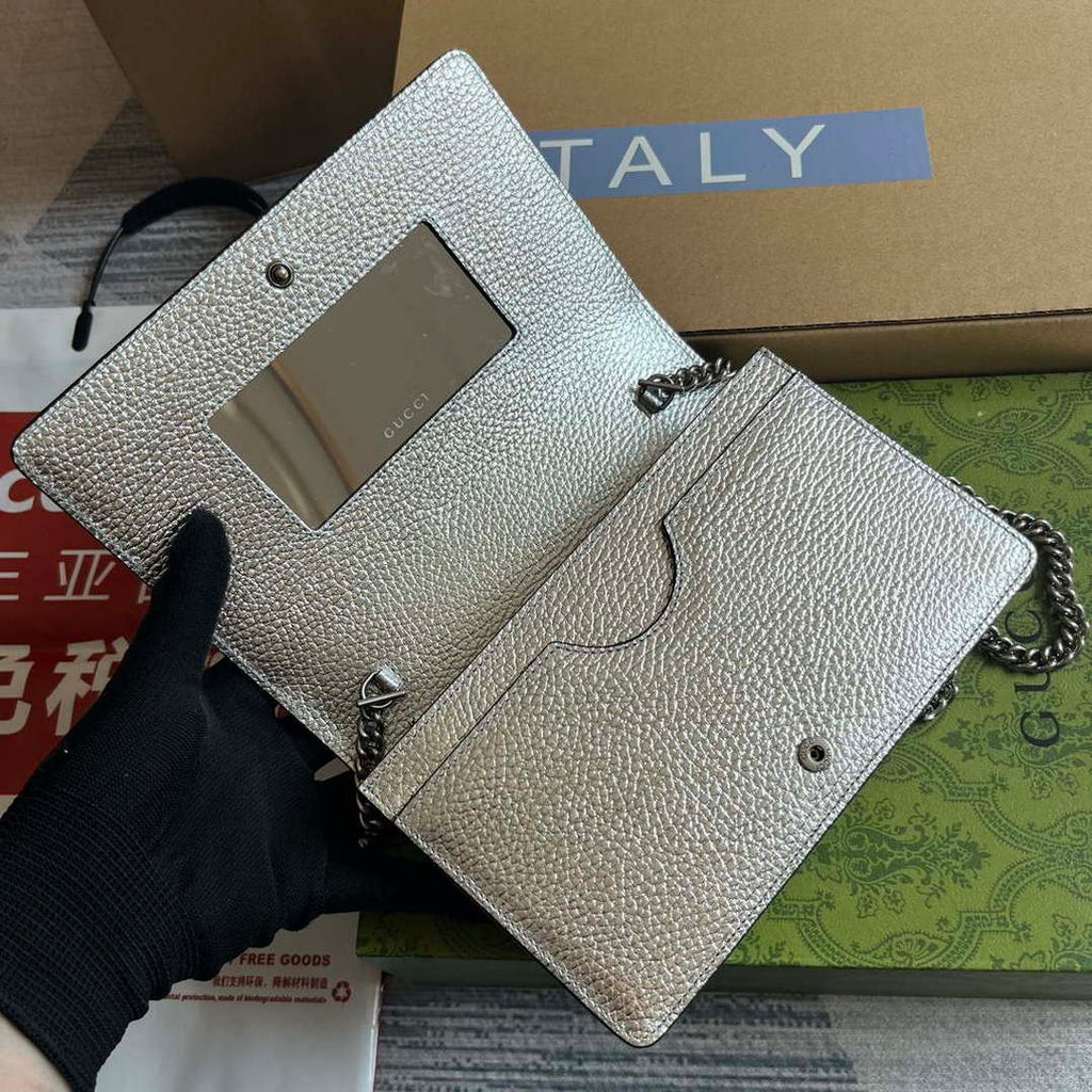 Gucci 497985 GG Marmont Leather Mini Chain Bag Silver