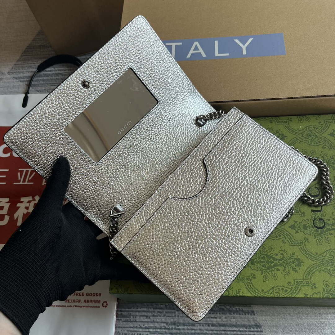Gucci 497985 GG Marmont Leather Mini Chain Bag Silver