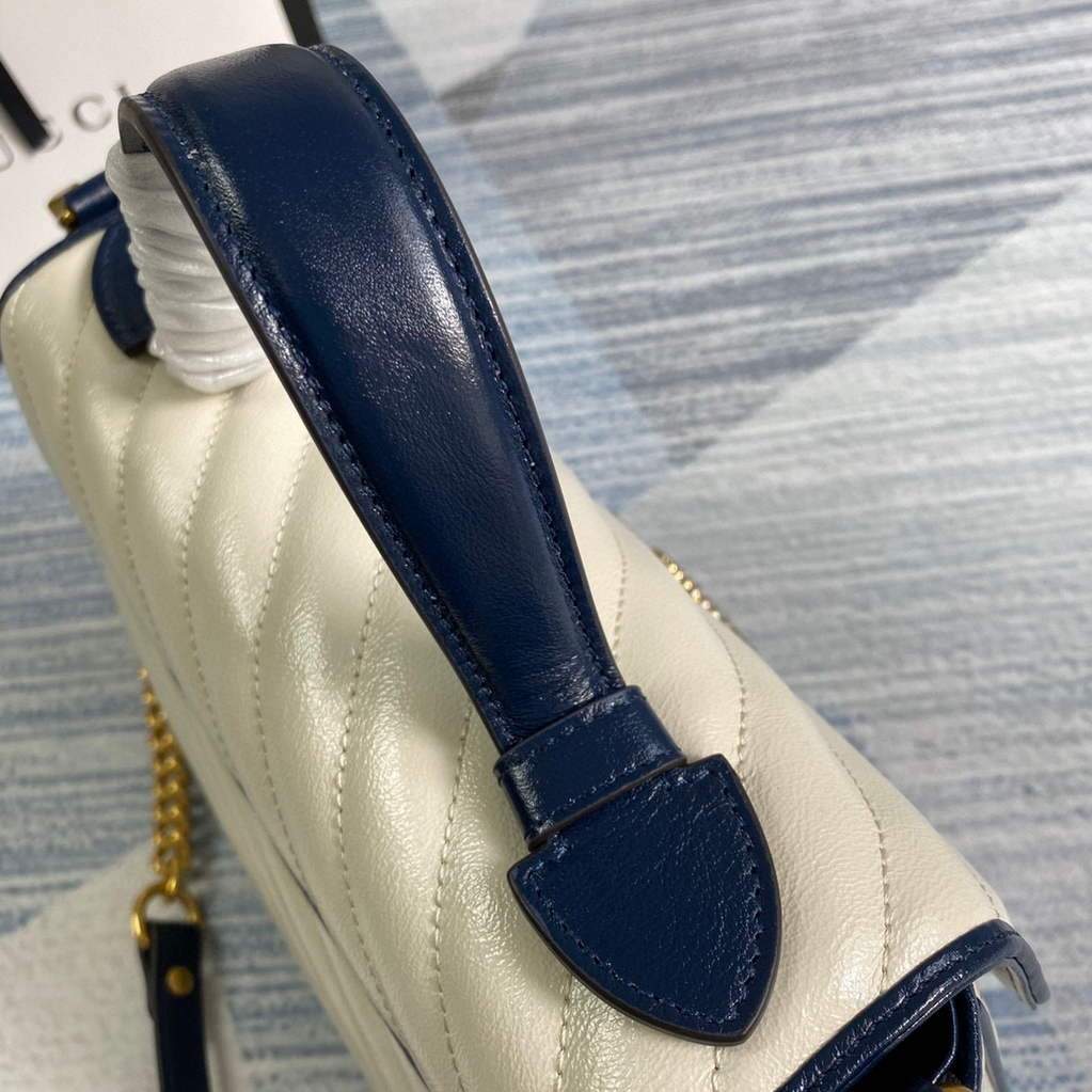 Gucci 498110 GG Marmont Small Top Handle Bag White and Navy Blue