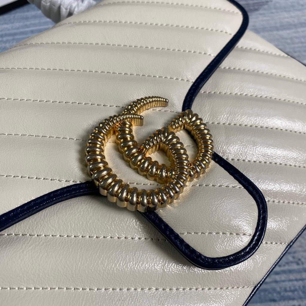 Gucci 498110 GG Marmont Small Top Handle Bag White and Navy Blue