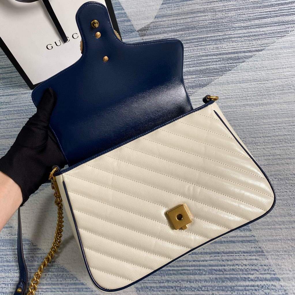Gucci 498110 GG Marmont Small Top Handle Bag White and Navy Blue