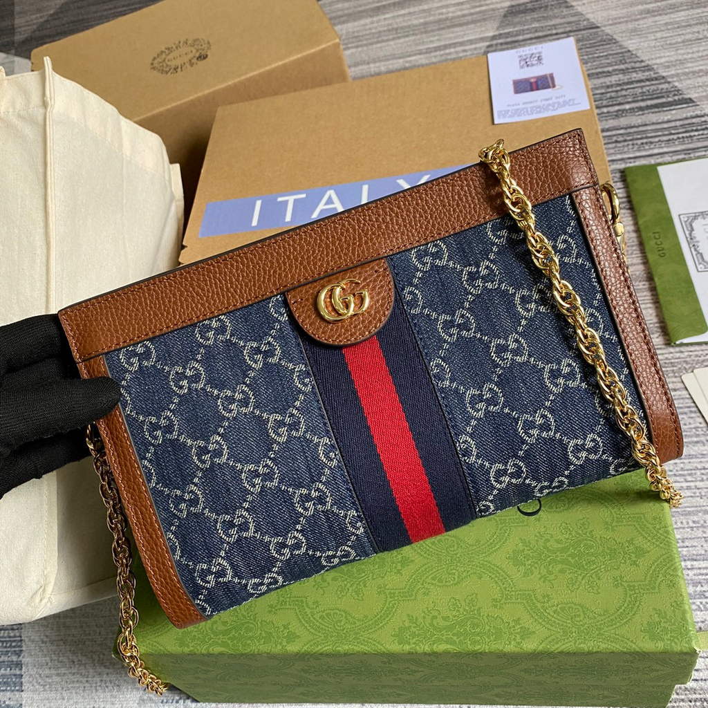 Gucci 503877 Ophidia GG Small Shoulder Bag Navy Blue with Brown