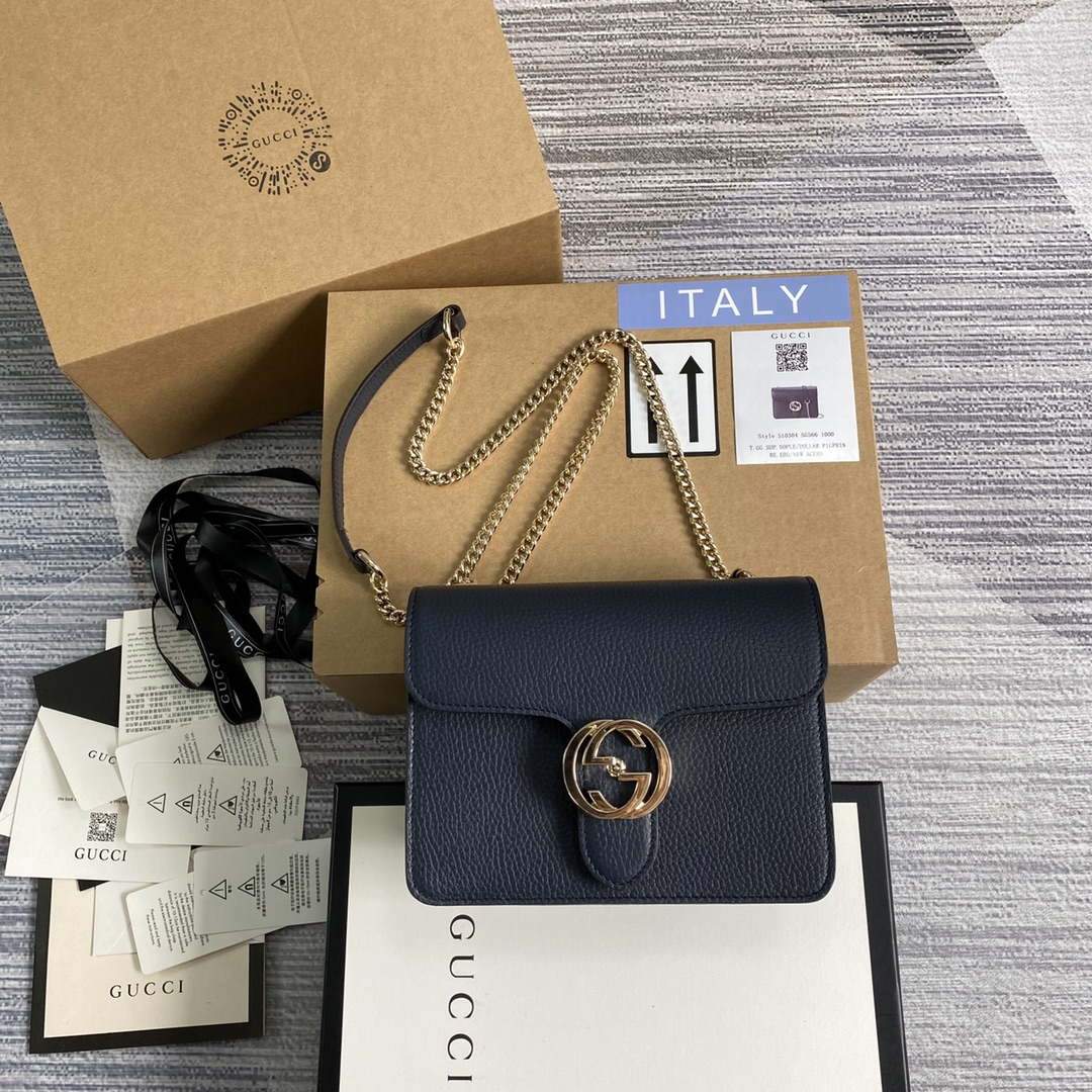 Gucci 510304 Interlocking Navy blue Leather Chain Cross Body Bag