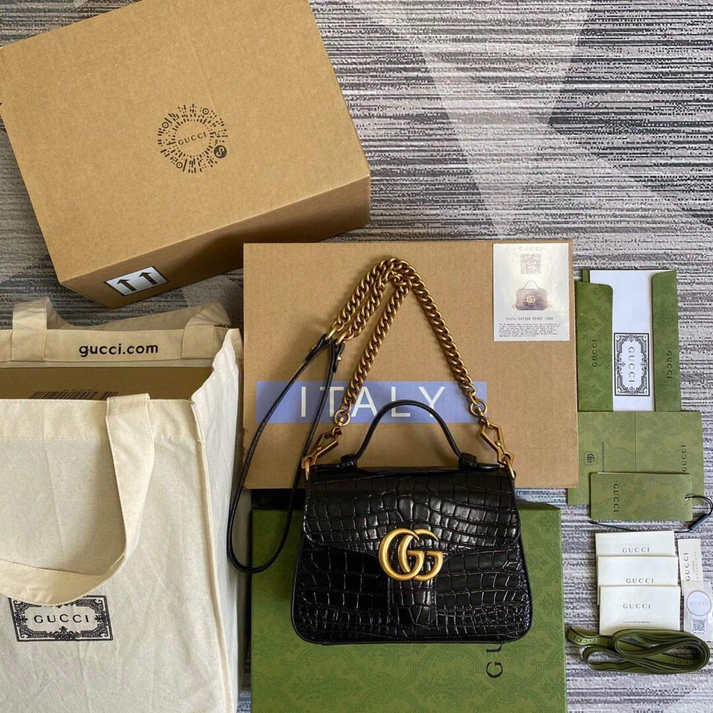 Gucci a€?47260 GG Marmont Mini Crocodile Pattern Top Handle Bag Black