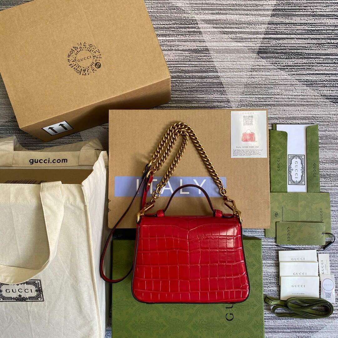 Gucci a€?47260 GG Marmont Mini Crocodile Pattern Top Handle Bag Red