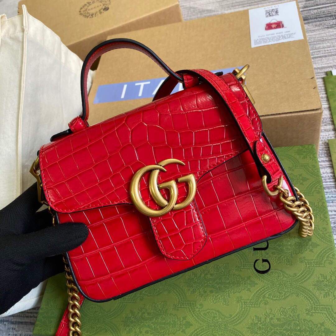 Gucci a€?47260 GG Marmont Mini Crocodile Pattern Top Handle Bag Red