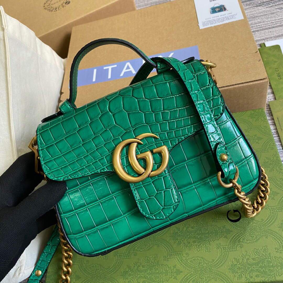 Gucci a€?47260 GG Marmont Mini Crocodile Pattern Top Handle Bag Green