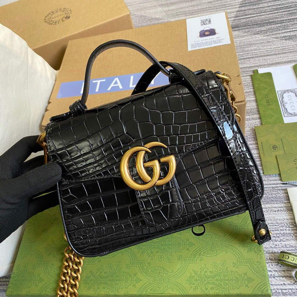 Gucci a€?47260 GG Marmont Mini Crocodile Pattern Top Handle Bag Black