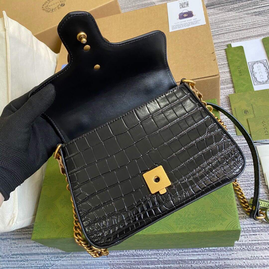 Gucci a€?47260 GG Marmont Mini Crocodile Pattern Top Handle Bag Black