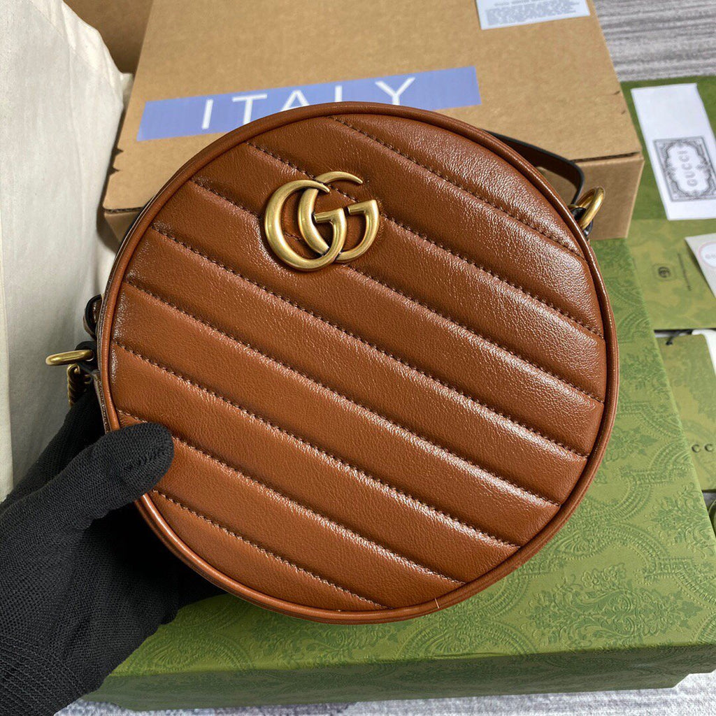 Gucci 550154 GG Marmont Mini Round Shoulder Bag Brown