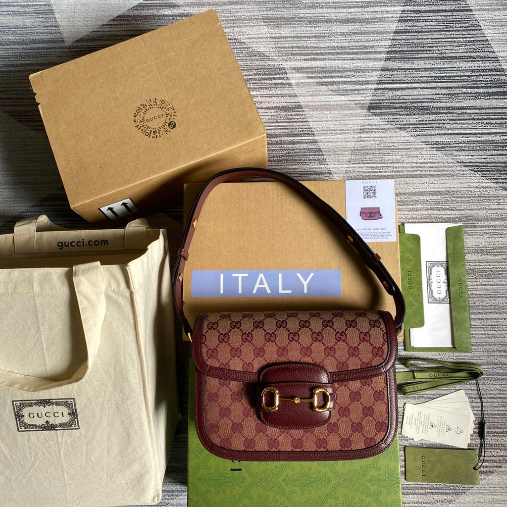Gucci Horsebit 1955 shoulder bag 602204 Beige and burgundy Original GG canvas