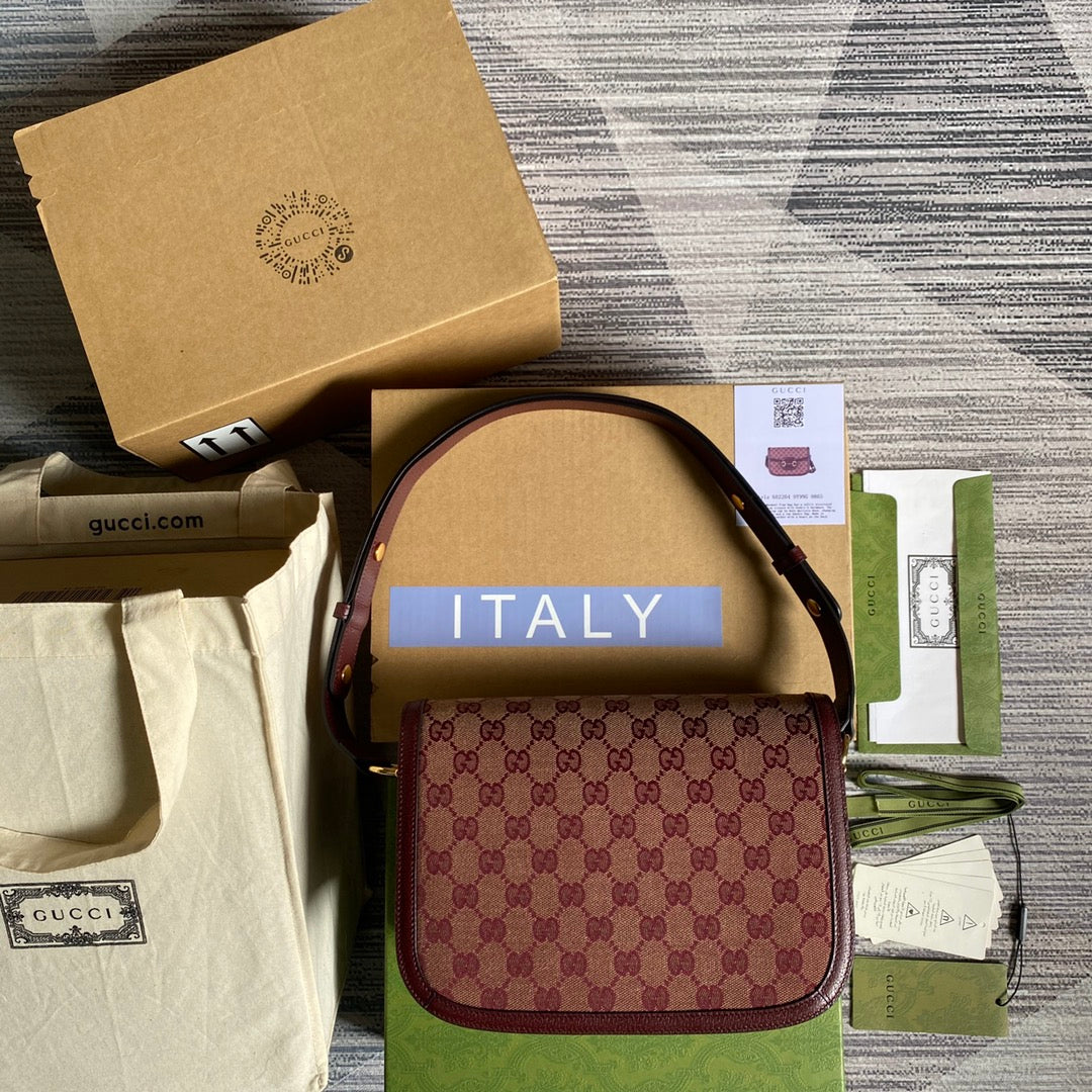 Gucci Horsebit 1955 shoulder bag 602204 Beige and burgundy Original GG canvas - Default Title - View 2