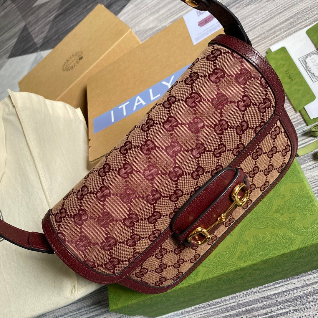 Gucci Horsebit 1955 shoulder bag 602204 Beige and burgundy Original GG canvas