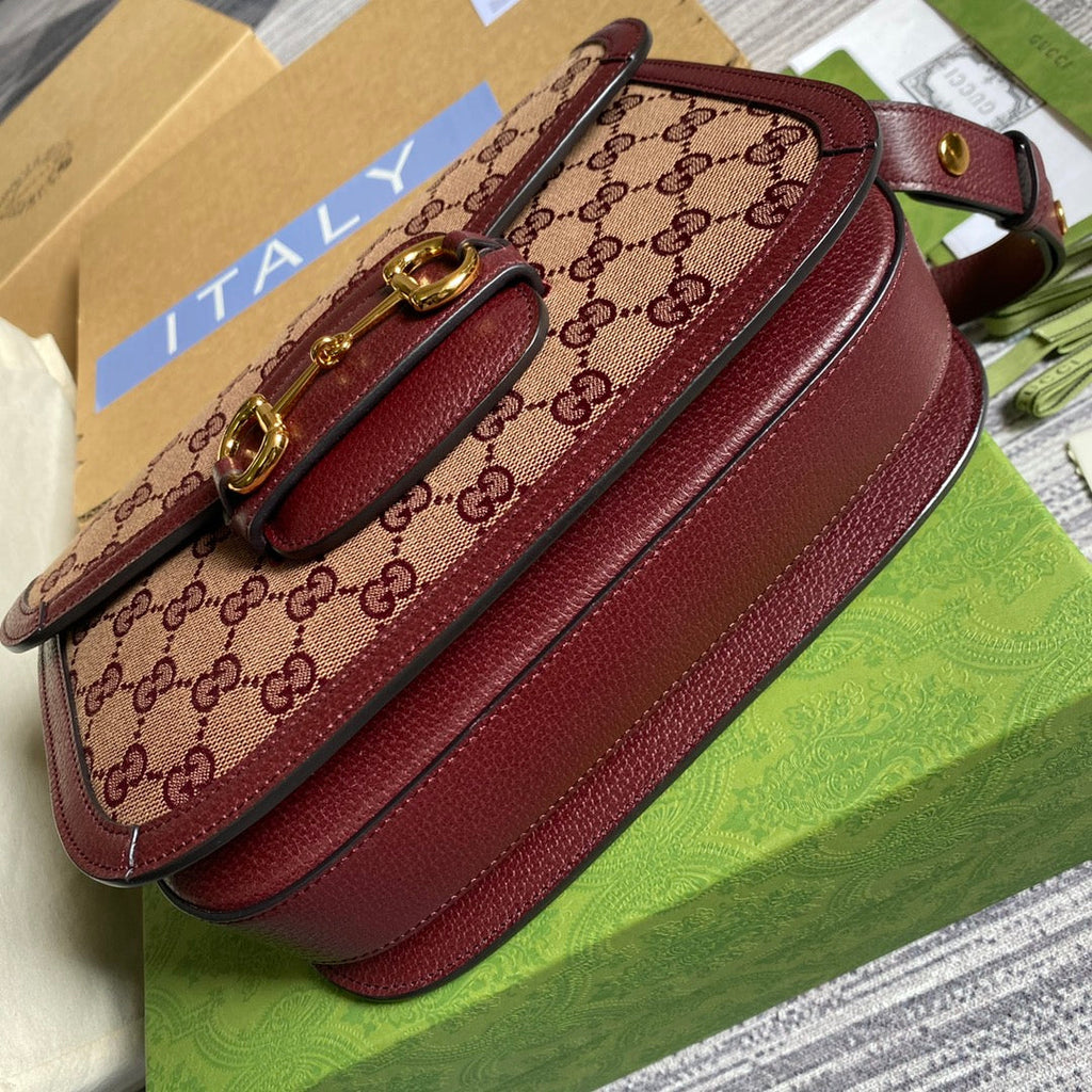 Gucci Horsebit 1955 shoulder bag 602204 Beige and burgundy Original GG canvas