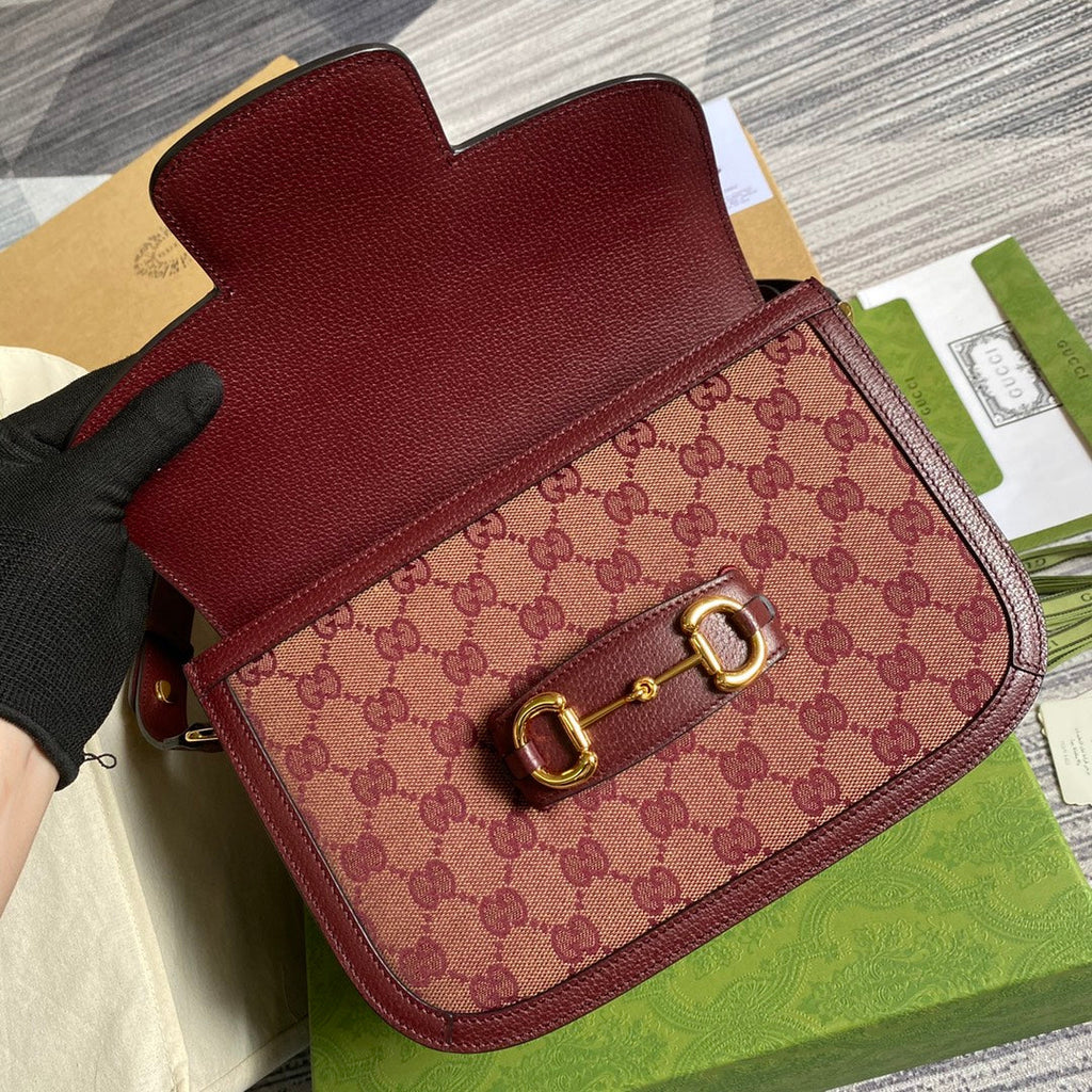 Gucci Horsebit 1955 shoulder bag 602204 Beige and burgundy Original GG canvas