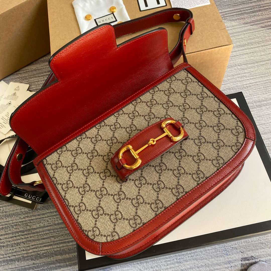 Gucci Horsebit 1955 shoulder bag 602204 Beige with red leather