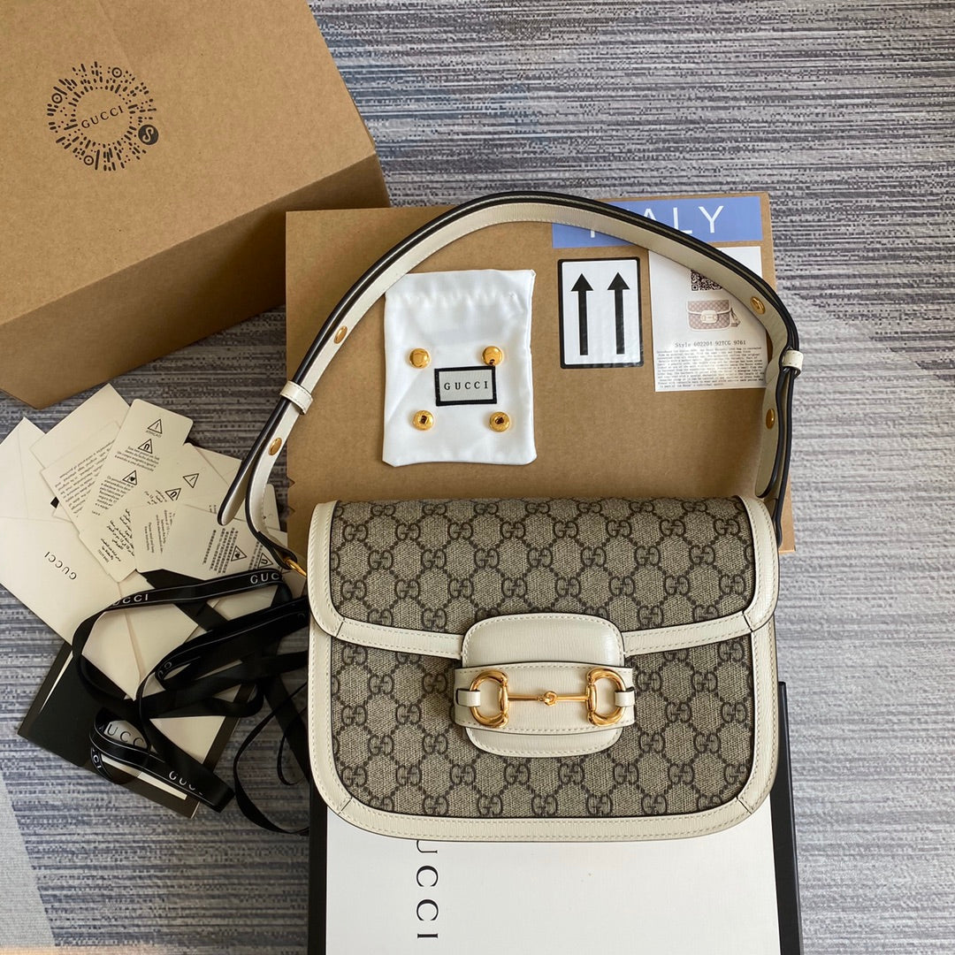 Gucci Horsebit 1955 shoulder bag 602204 Beige with white leather - Default Title - View 1